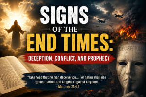 “Signs of the End Times prophecy image showing deception, war, conflict, and Biblical End-Time warnings from Matthew 24.”
