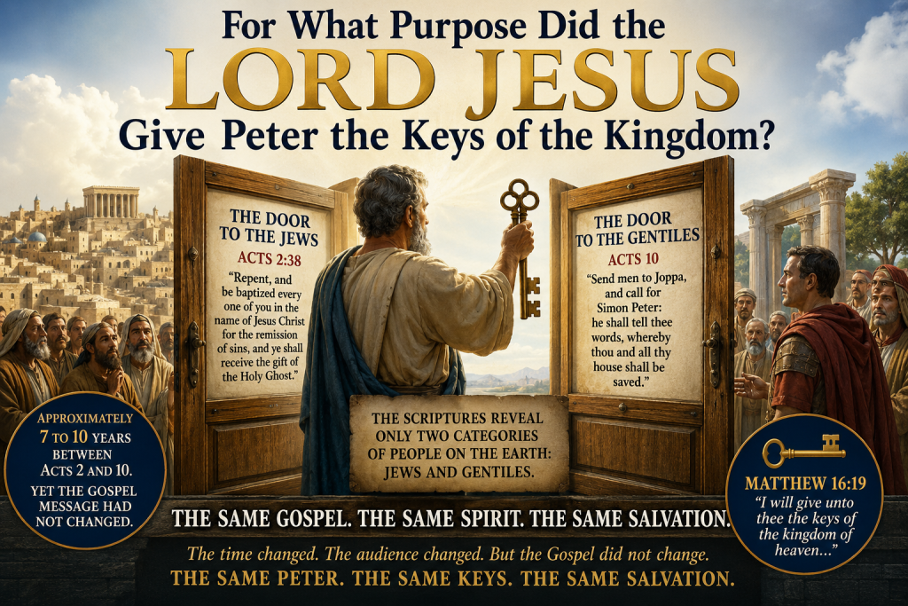 Peter holding the Keys of the Kingdom opening the Gospel door to Jews and Gentiles in Acts 2 and Acts 10
